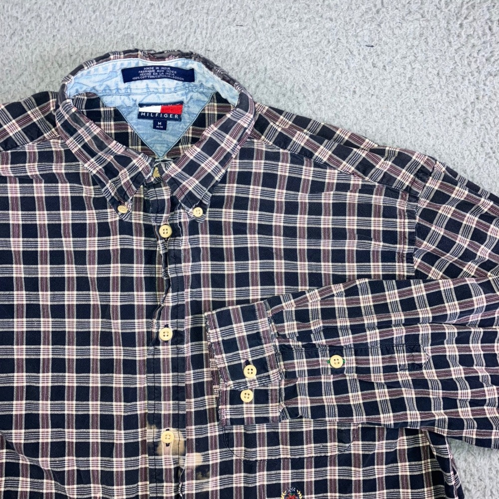 Vtg Tommy Hilfiger Button Down Shirt Men M Plaid Crest‎ Logo Distressed Grunge